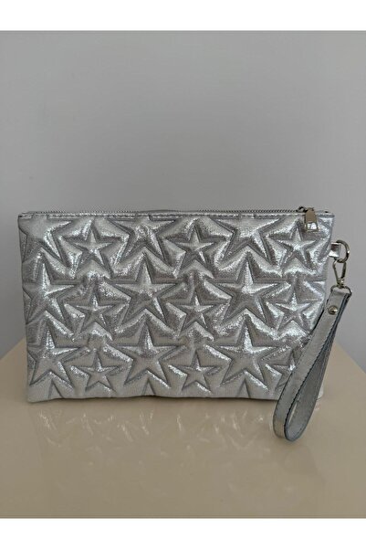 melecco Star Stitched Clutch Star Women's Bag Silvery Metallic Star Patterned...