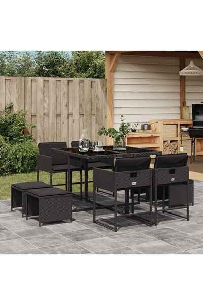 vidaxl Set mobilier de gradina cu perne, 9 piese, negru, poliratan