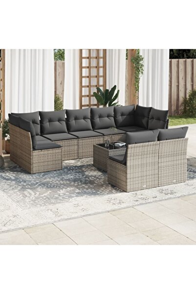 vidaxl Set mobilier de gradina cu perne, 10 piese, gri, poliratan