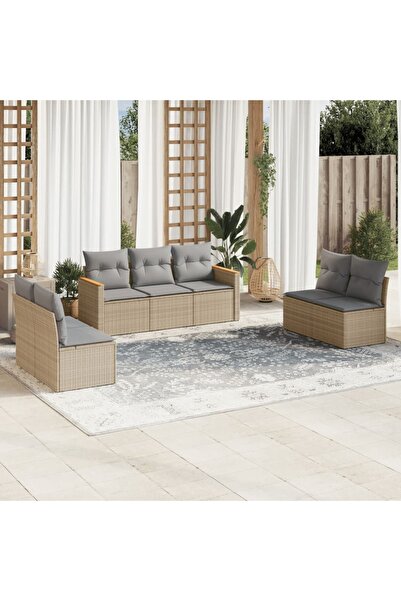 vidaxl Set canapele de gradina, 7 piese, cu perne, bej, poliratan