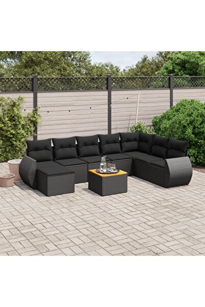 vidaxl Set mobilier de gradina cu perne, 9 piese, negru, poliratan