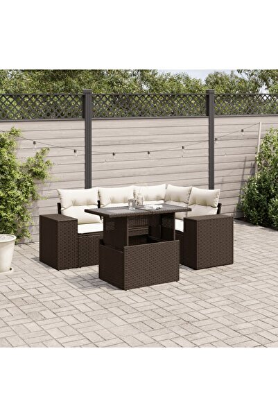 vidaxl Set canapele de gradina cu perne, 5 piese, maro, poliratan