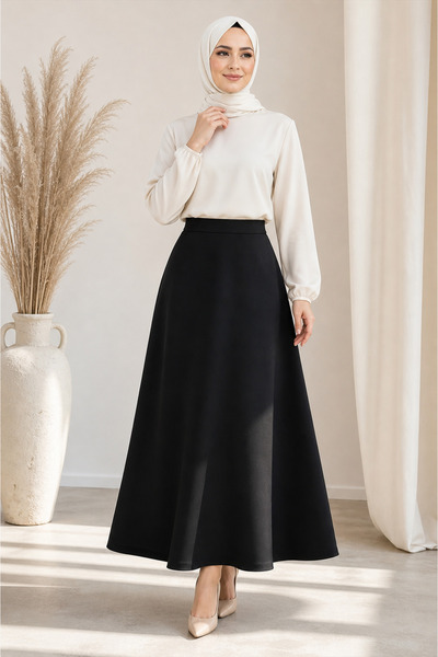 CATSPY Women's Black Knitted Scuba Crepe Hijab and Casual Skirt Length: 94-95cm