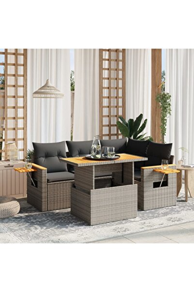 vidaxl Set canapea de gradina cu perne, 5 piese, gri, poliratan