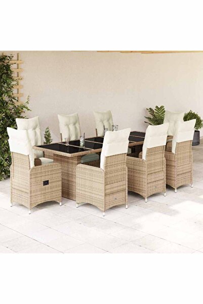 vidaxl Set bistro de gradina, 9 piese, cu perne, bej, poliratan