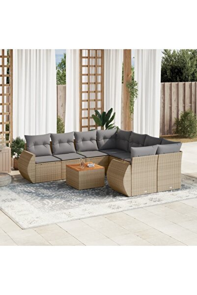 vidaxl Set canapele de gradina, 9 piese, cu perne, bej, poliratan