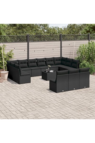 vidaxl Set mobilier de gradina cu perne, 14 piese, negru, poliratan