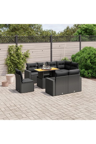 vidaxl Set mobilier de gradina cu perne, 9 piese, negru, poliratan