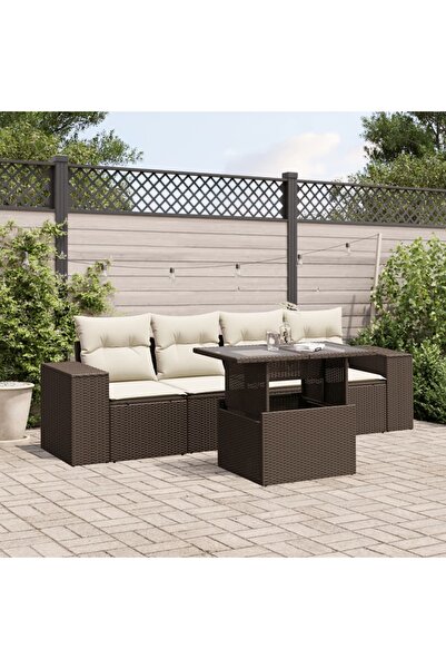 vidaxl Set canapele de gradina cu perne, 5 piese, maro, poliratan