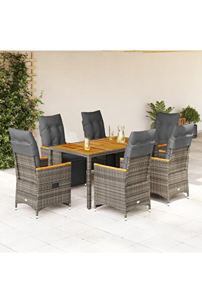vidaxl Set bistro de gradina cu perne, 7 piese, gri, poliratan