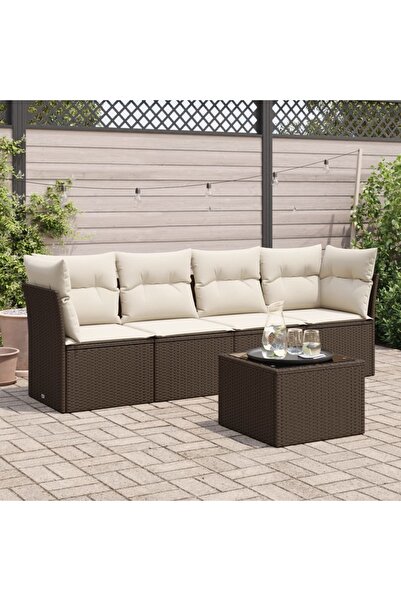 vidaxl Set canapele de gradina cu perne, 5 piese, maro, poliratan