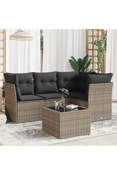 vidaxl Set canapea de gradina cu perne, 5 piese, gri, poliratan