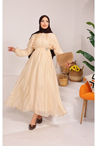 Jag Front Ruffled Lace Detailed Hijab Dress Beige