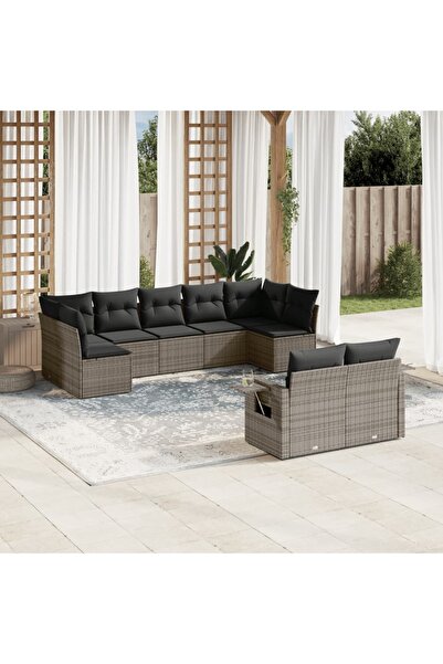 vidaxl Set canapele de gradina, 9 piese, cu perne, gri, poliratan