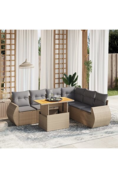 vidaxl Set canapele de gradina, 7 piese, cu perne, bej, poliratan