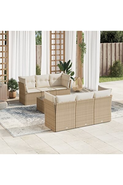 vidaxl Set canapele de gradina, 7 piese, cu perne, bej, poliratan