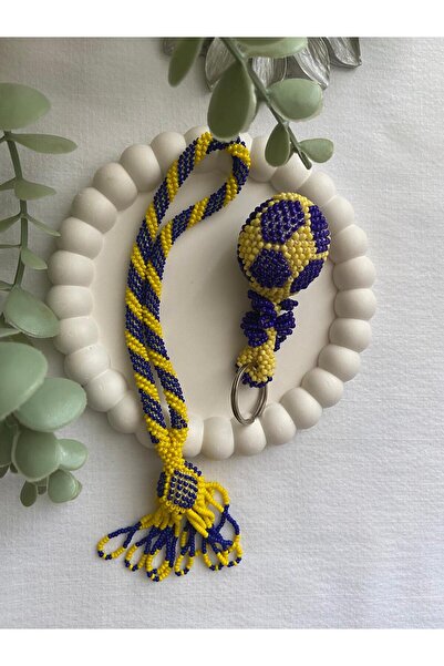 Handmade KUM BONCUK EL İŞİ SARI LACİVERT İKİLİ SALLAMA TESBİH VE TOP ANAHTARLIK