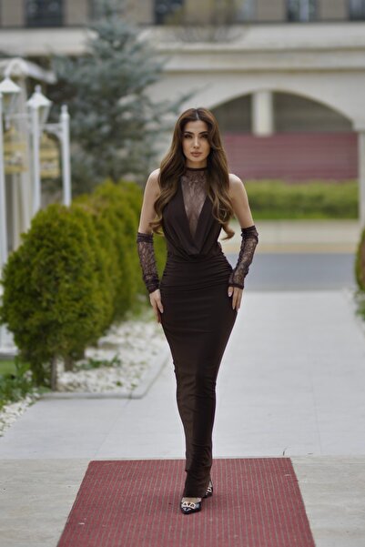 Butik İdl Fashion Mocha Elegance Lace Detailed Coffee Maxi Dress