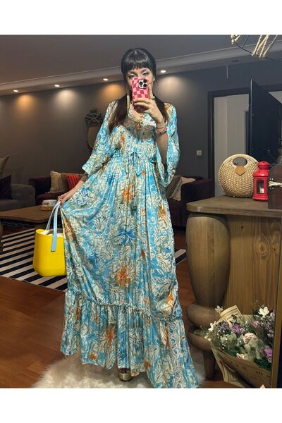 moda gk Boncuk/Nakış Detaylı Parlak Desenli Bohem İpek Elbise
