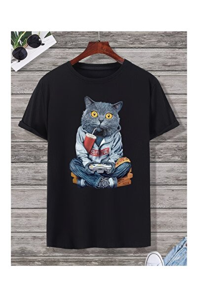 LOTS MODA Tricou Blackrock Unisex Cat Game Oversize Crew Deck Negru
