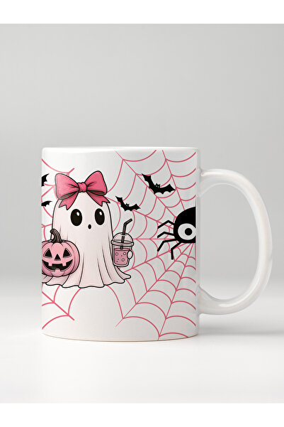 North Whiskers Cute Ghost and Pumpkin Design Gift Mug with Pink Ribbon - (330...