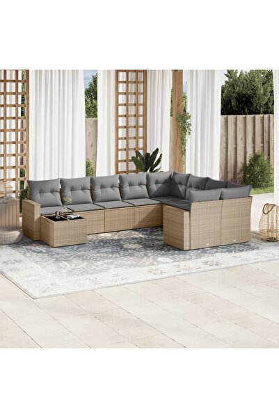 vidaxl Garden sofa set with cushions, 10 pieces, beige, polyrattan