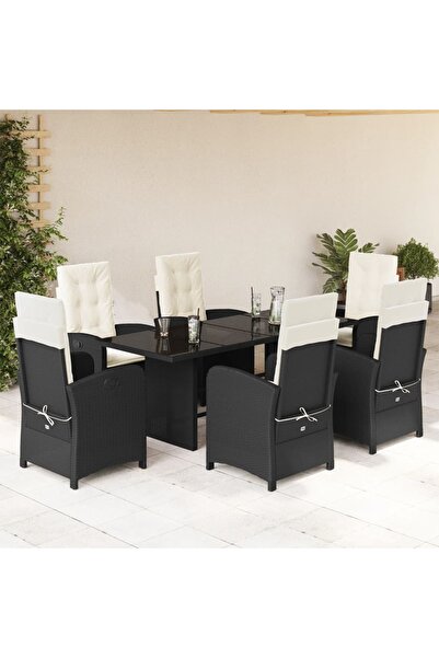 vidaxl Set mobilier de gradina cu perne, 7 piese, negru, poliratan