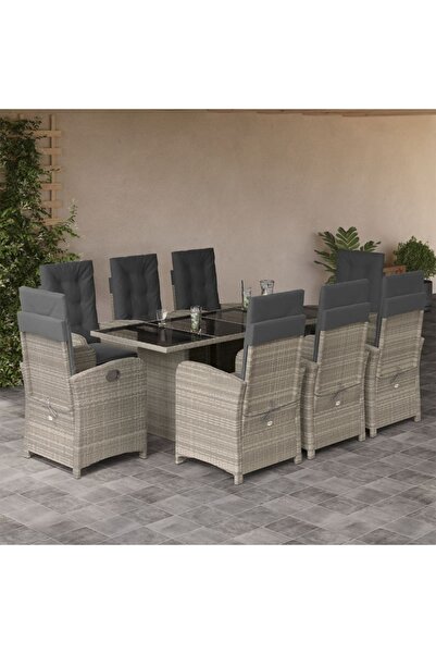vidaxl Garden furniture set with cushions, 9 pieces, light grey, polyrattan