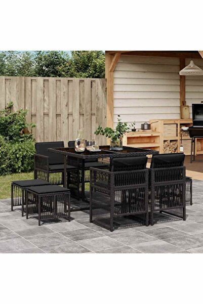 vidaxl Set mobilier de gradina cu perne, 9 piese, negru, poliratan