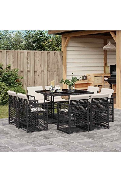 vidaxl Garden furniture set with cushions, 9 pieces, black, polyrattan