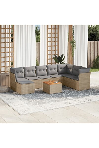 vidaxl Set canapele de gradina, 9 piese, cu perne, bej, poliratan