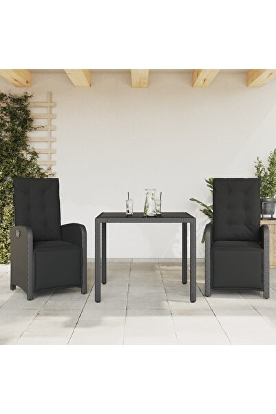 vidaxl Bistro set with cushions, 3 pieces, black, polyrattan