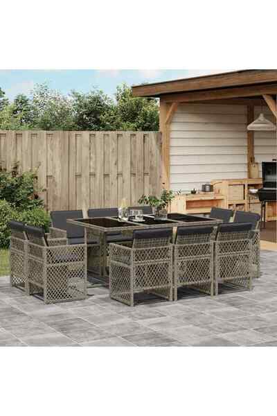 vidaxl Set mobilier de gradina cu perne, 11 piese, gri, poliratan