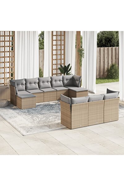 vidaxl Garden sofa set with cushions, 10 pieces, beige, polyrattan
