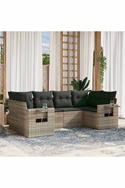 vidaxl Garden sofa set with cushions, 6 pieces, light grey, polyrattan