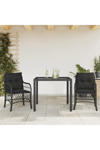 vidaxl Set bistro cu perne, 3 piese, negru, poliratan