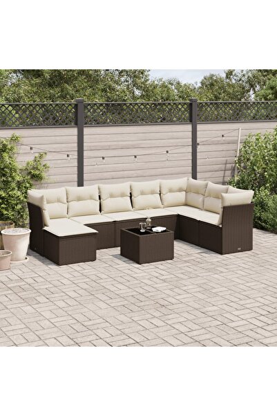 vidaxl Garden sofa set with cushions, 9 pieces, brown, polyrattan