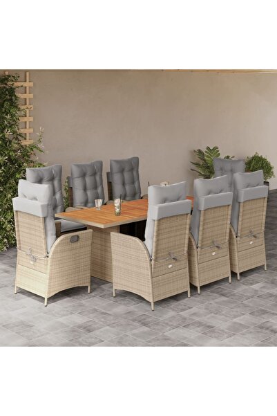 vidaxl 9-piece garden table set with cushions, beige, polyrattan
