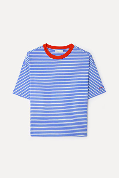 Mudo Kadın Mavi Çizgili Loose Fit Bisiklet Yaka T-Shirt