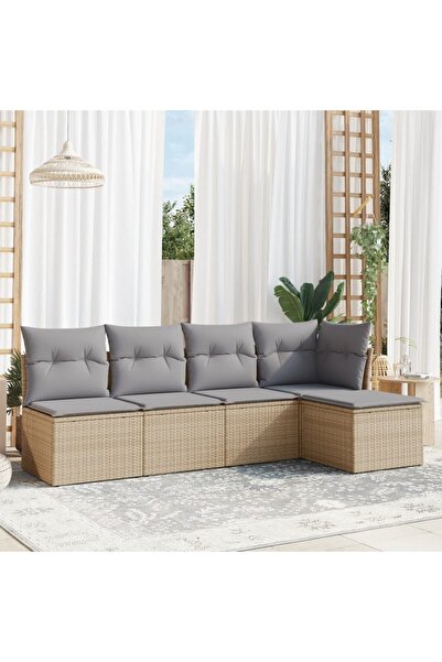 vidaxl Garden sofa set with cushions, 5 pieces, beige, polyrattan