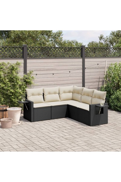 vidaxl Garden furniture set with cushions, 5 pieces, black, polyrattan