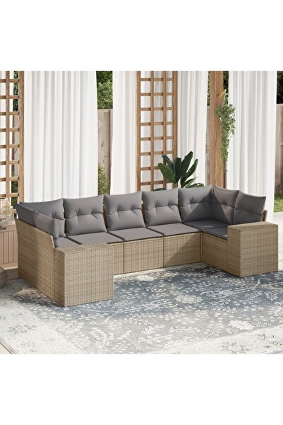 vidaxl Garden sofa set, 7 pieces, with cushions, beige, polyrattan