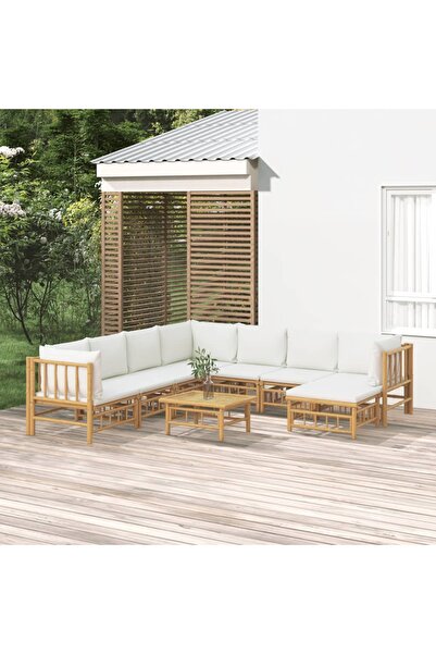 Concept Set mobilier de grădină, cu perne alb crem, 9 piese, bambus