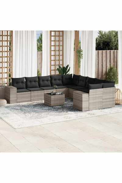vidaxl Garden sofa set with cushions, 11 pieces, grey, polyrattan