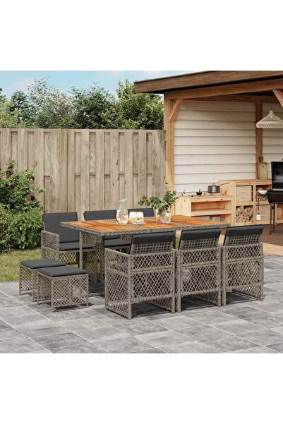 vidaxl Garden furniture set with cushions, 11 pieces, grey, polyrattan