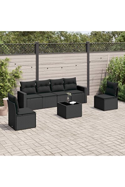 vidaxl Garden sofa set with cushions, 7 pieces, black, polyrattan