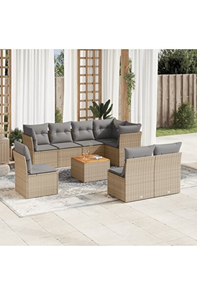 vidaxl Set canapele de gradina, 9 piese, cu perne, bej, poliratan