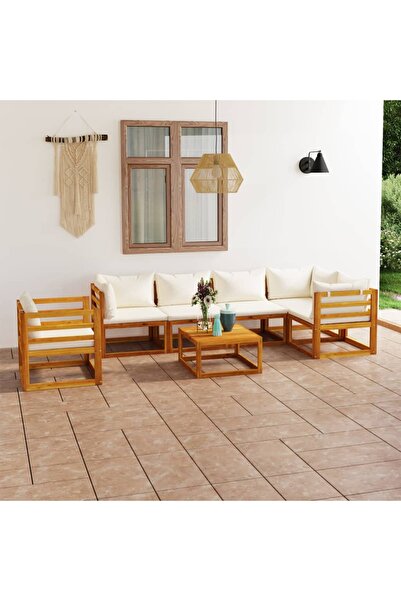 vidaxl Set mobilier gradina cu perne, 7 piese, crem, lemn masiv acacia