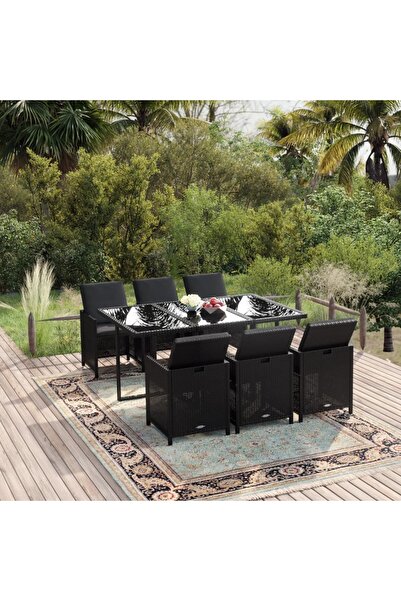 vidaxl Set mobilier de gradina cu perne, 7 piese, negru, poliratan