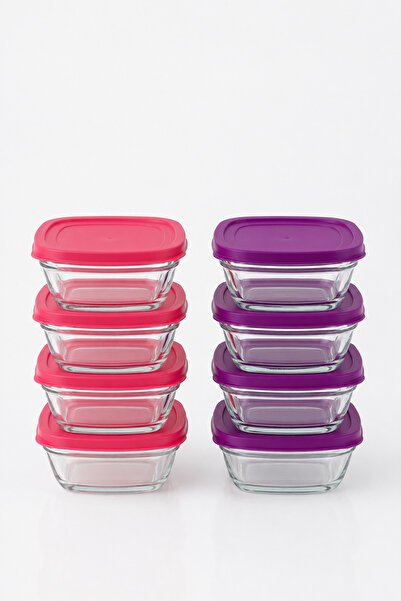 ZURİ DESİGN 8-Piece Square Glass Pudding Bowl with Lid Storage Container Pink - Purple 310 Cc